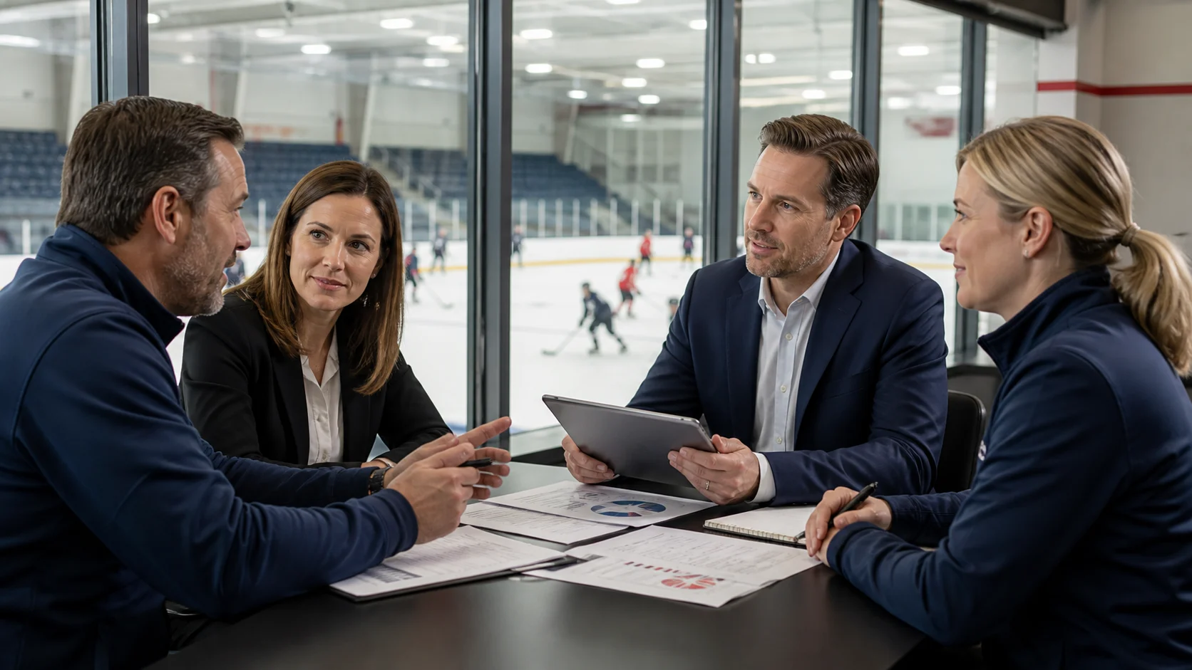 Business consultation about ice sports program cooperation