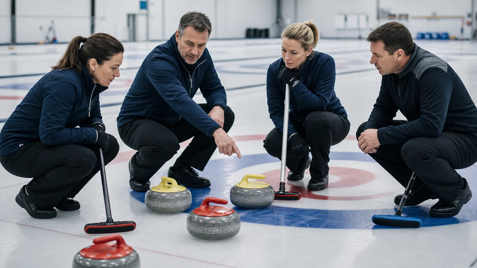 Curling participants reviewing strategy during a rink session