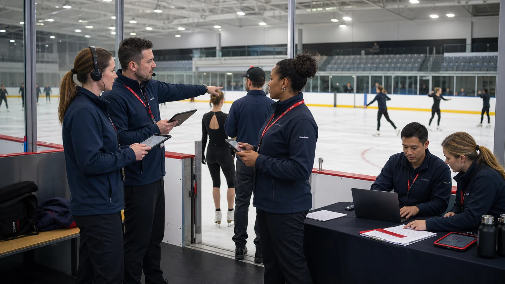 Ice sports event staff coordinating activity at an indoor rink