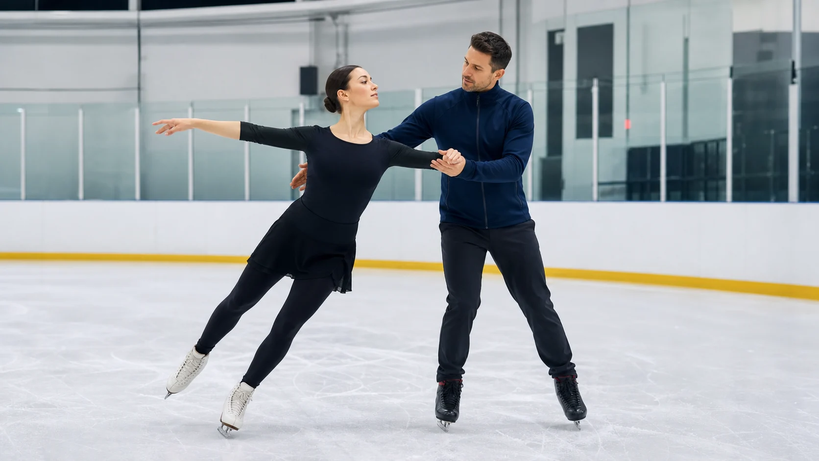 Figure skating coaching session inside a bright ice rink