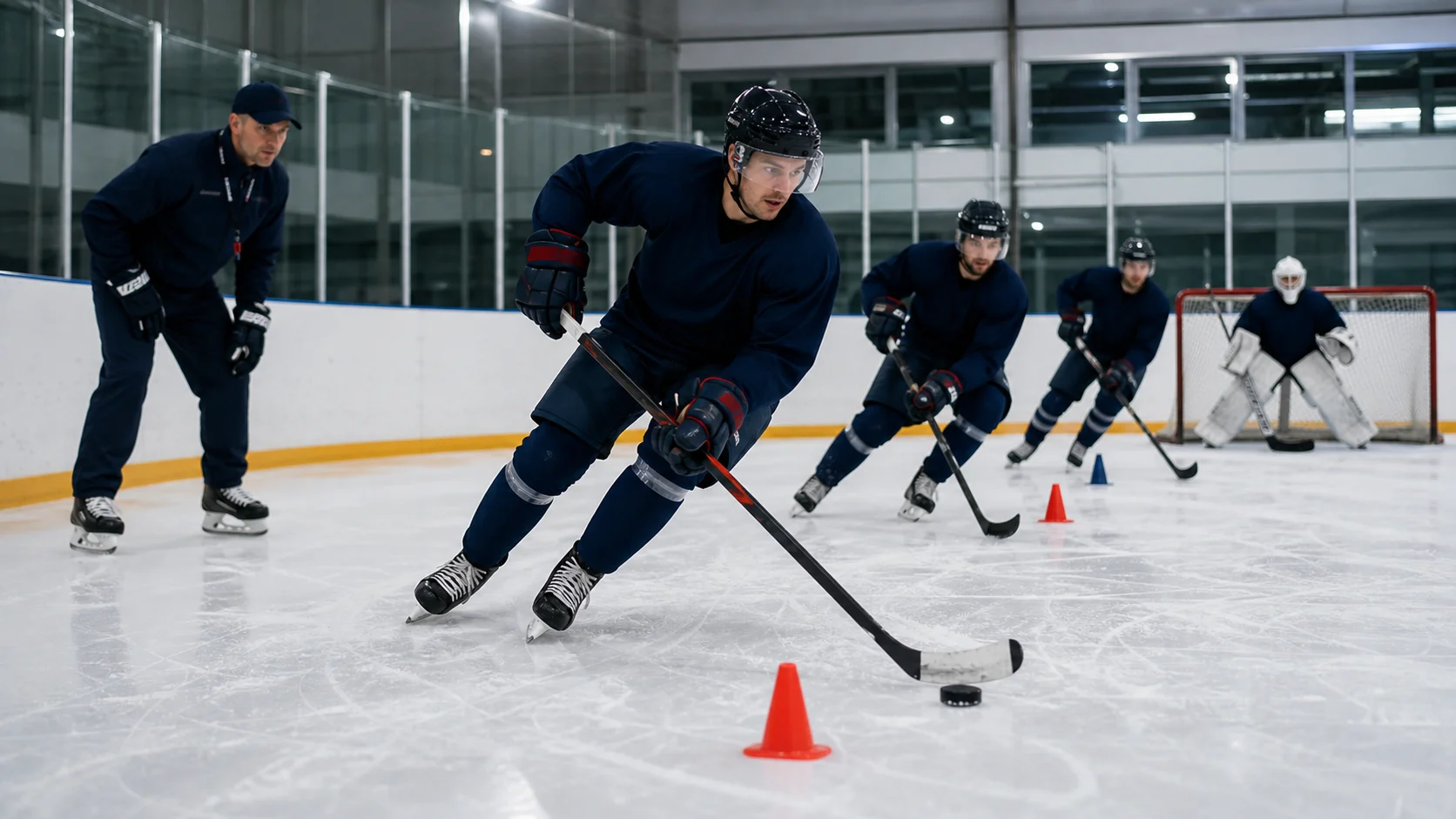 Ice hockey athletes training with a coach in a modern rink