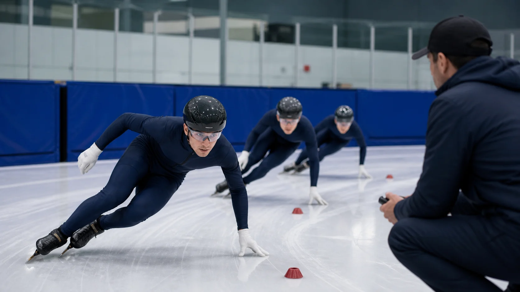 Short track speed skating practice with athletes on the ice